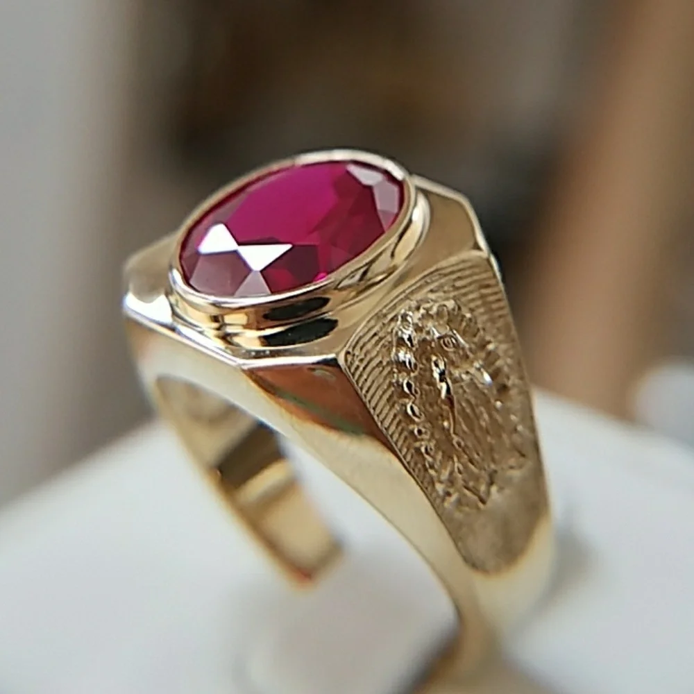 15mm 14k Yellow Gold Men's nugget Religious Ruby Guadalupe Ring